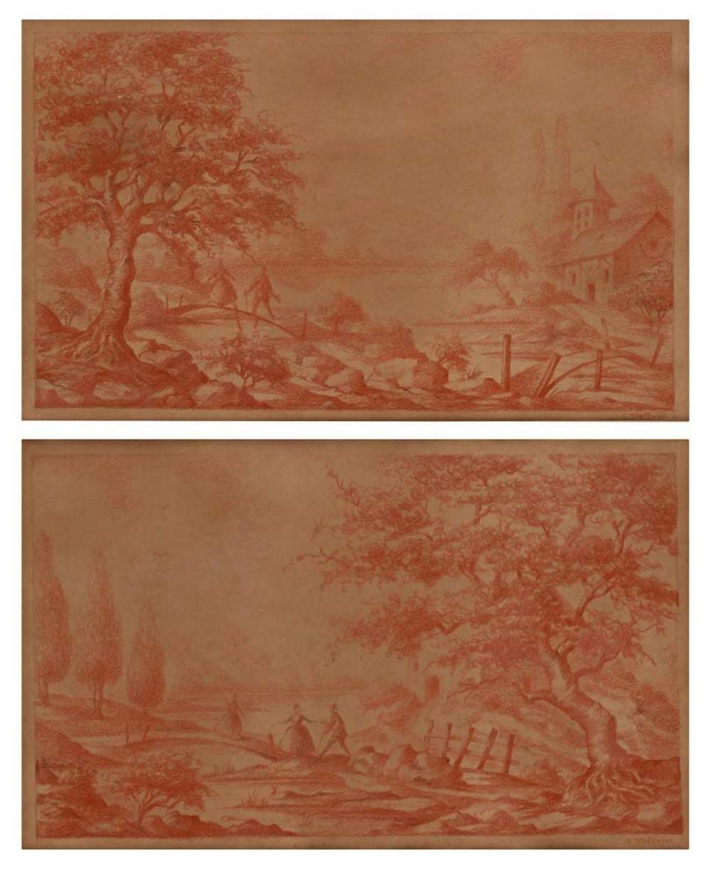 Georges Delfosse comparable auction result: georges delfosse saint henri de mascouche canada 1869 montreal 1939 pair of sanguine paintings on paper depicting countryside landscapes with onlookers