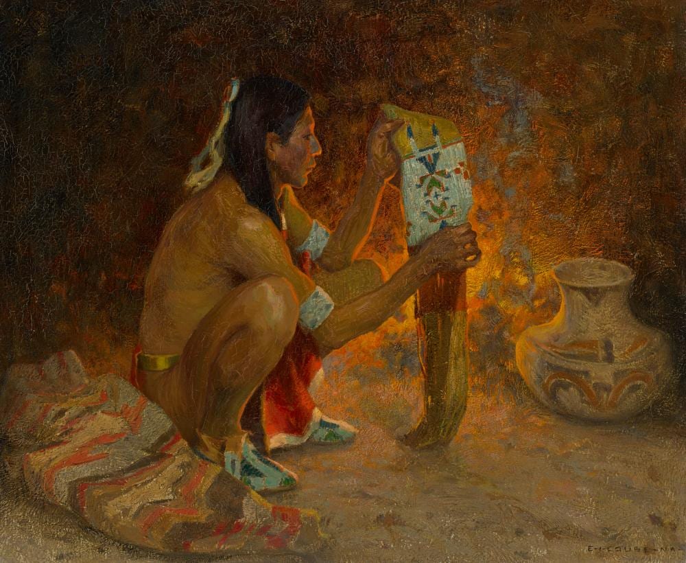 Eanger Irving Couse comparable auction result: eanger irving couse 1866 1936 beaded tobacco bag oil on canvas24 x 29 i
