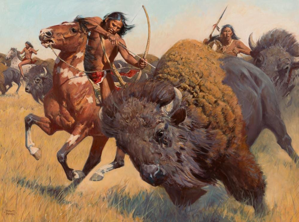 David Mann comparable auction result: david mann b 1948 buffalo hunt oil on canvas36 x 48 in 91 4 x 121 9