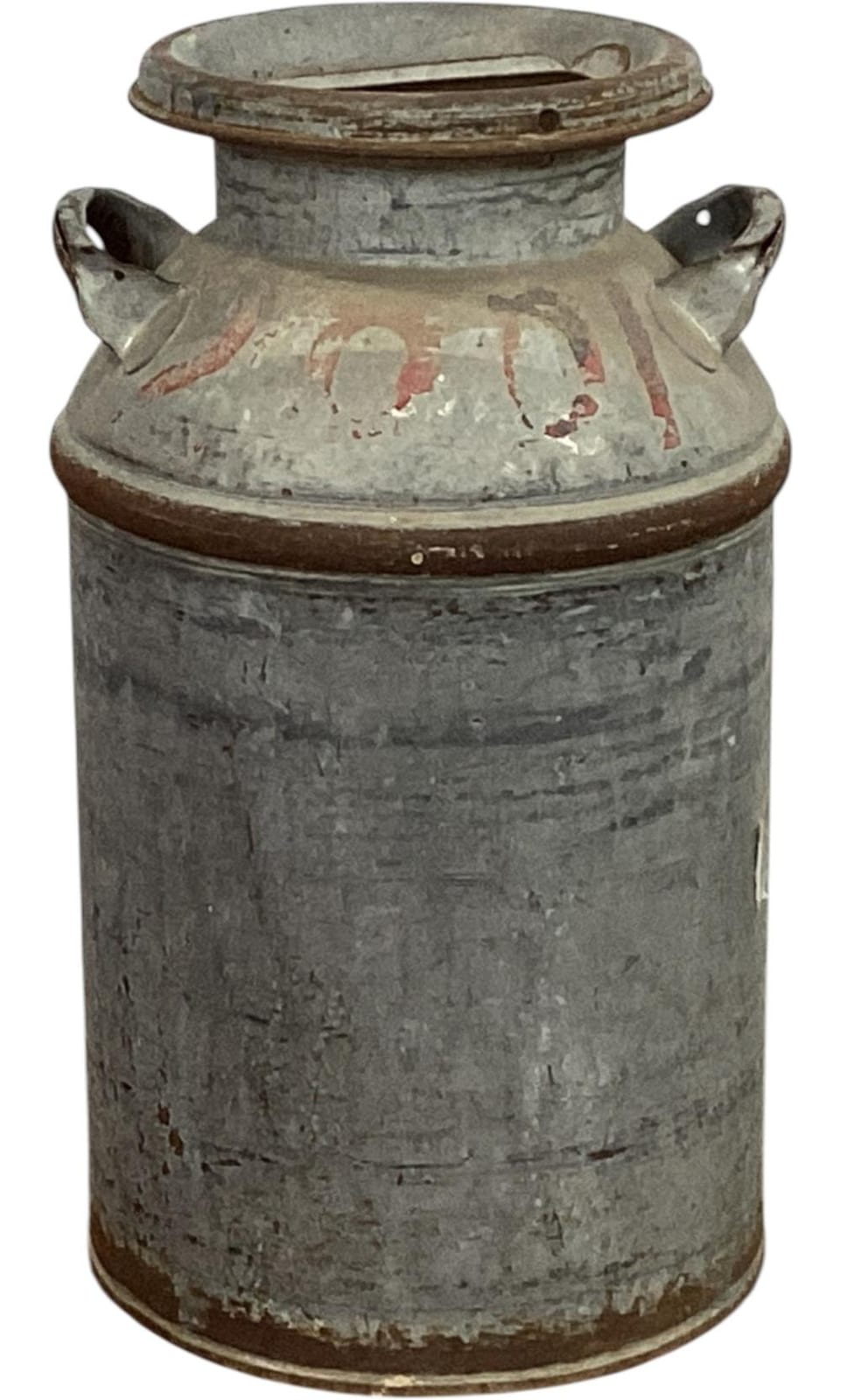 Vintage galvanized metal milk can with a flared lid and handles, showing worn gray surface and faint faded lettering.