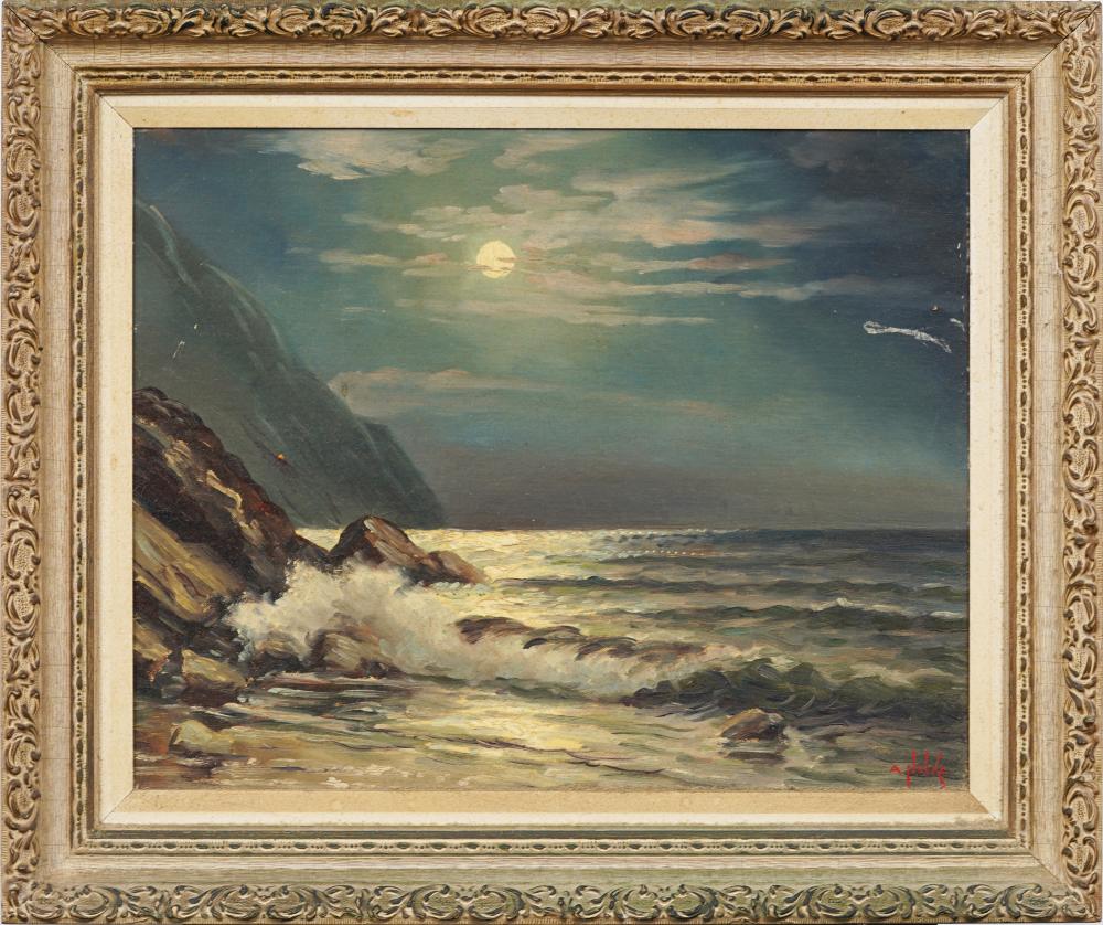 Alexander Nelke comparable auction result: alexander nelke 1894 1974 vintage european moonlit seascape oil painting in ornate gilt frame