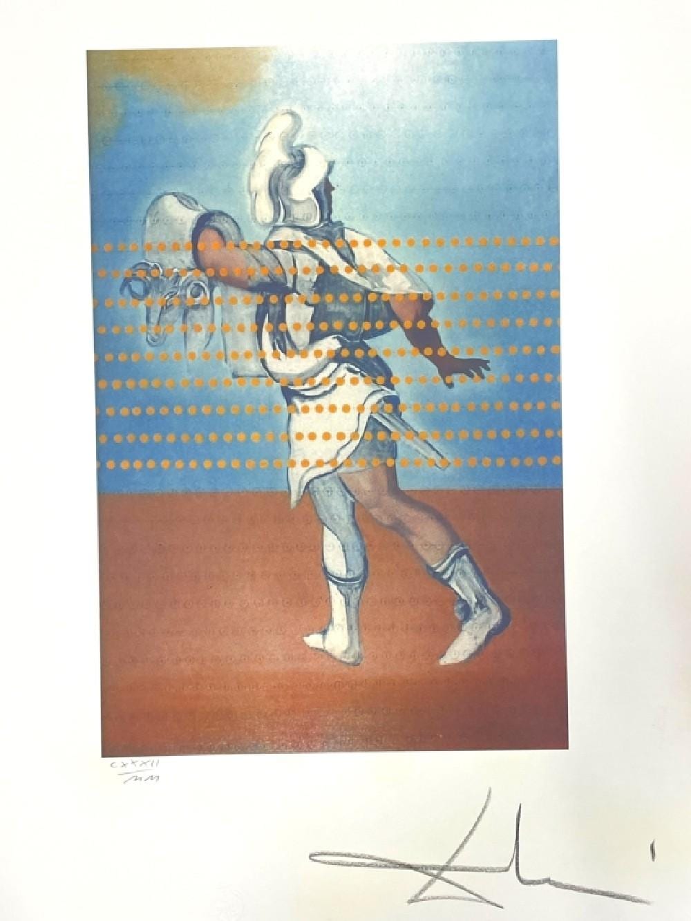 Color print showing a nude-style figure holding or standing on a stringed instrument, with blue and orange dotted bands across the scene.