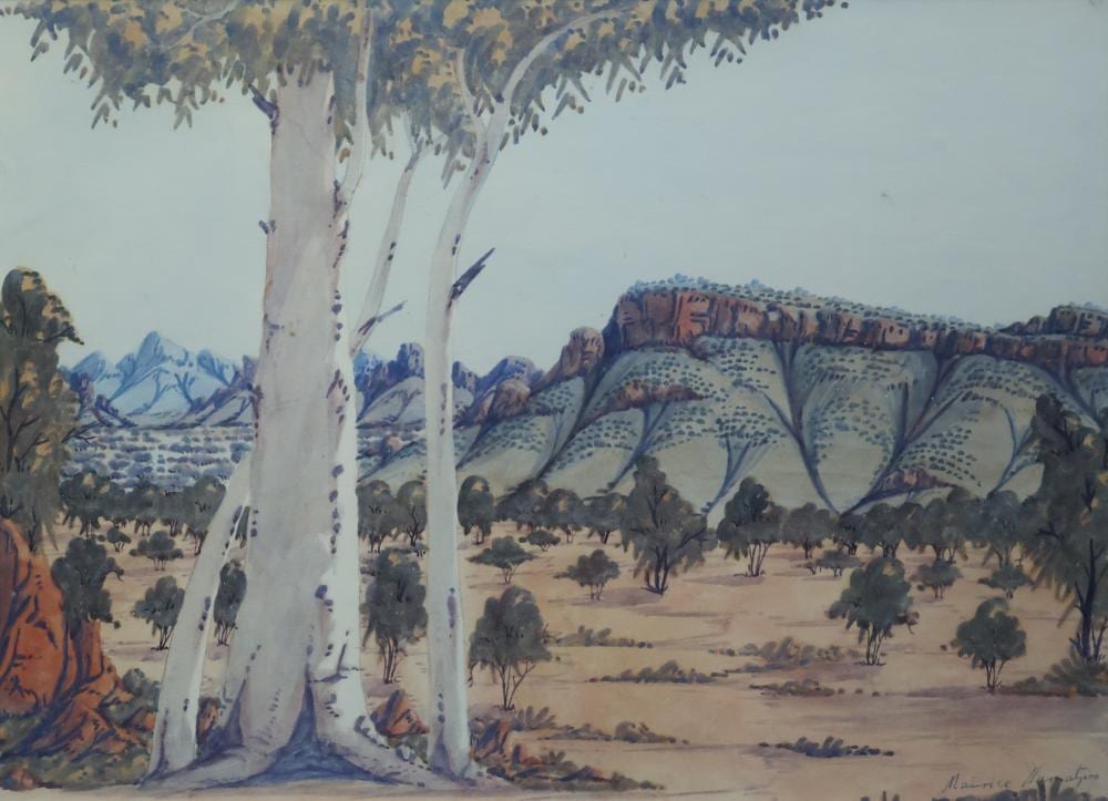 Maurice Namatjira comparable auction result: maurice namatjira watercolour on paper central australian landscape with ghost gums signed in pencil lower right measures 47cm by 34cm framed note some minor foxing