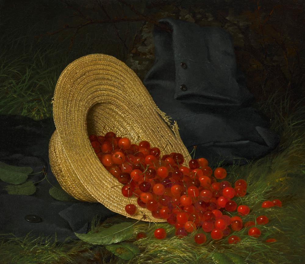Robert Spear Dunning comparable auction result: robert spear dunning 1829 1905 straw hat with cherries oil on canvas20