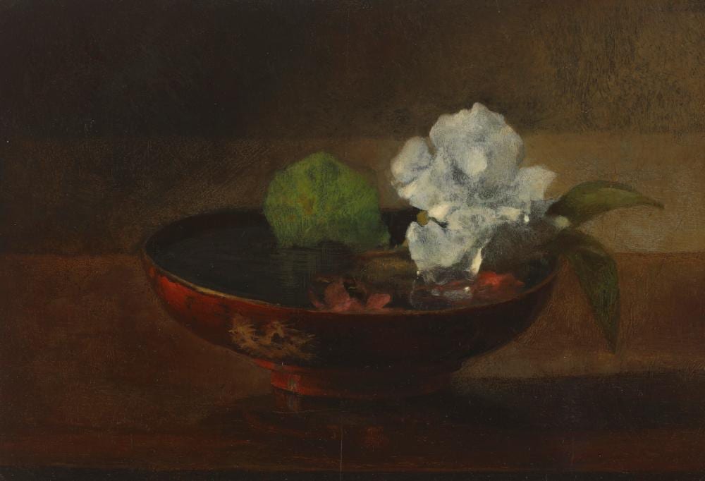 John LaFarge comparable auction result: john la farge 1835 1910 camellia in a japanese bowl oil on cradled pane