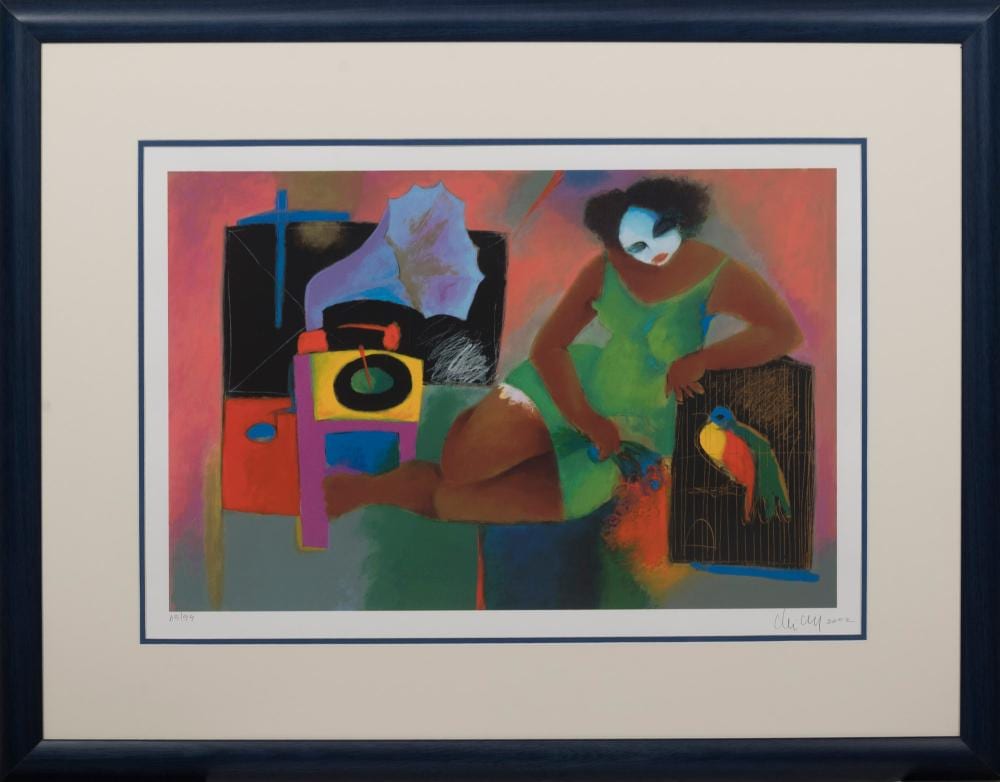 Roberto Chichorro comparable auction result: roberto chichorro figura feminina a ouvir m sica serigrafia sobre papel dim aprox 53 5 x 77 cm