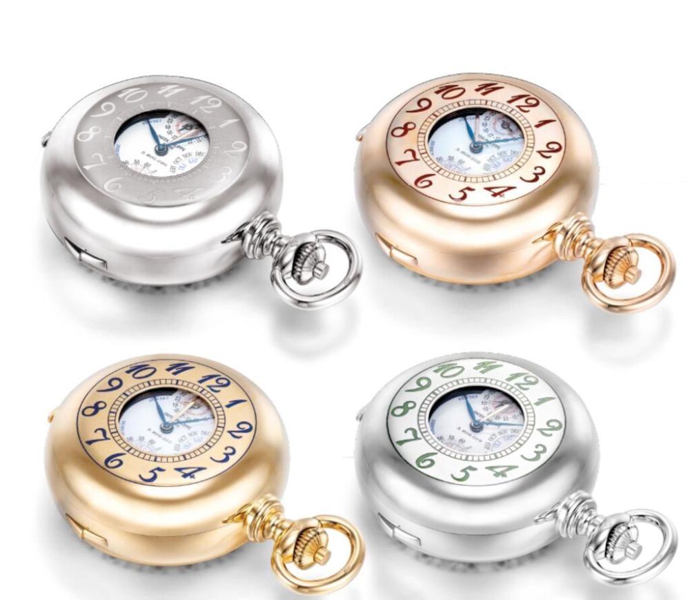 An exceptional, highly important and extremely rare set of four, 18k yellow gold, pink gold, white gold and platinum double dialled clock watches comparable sale