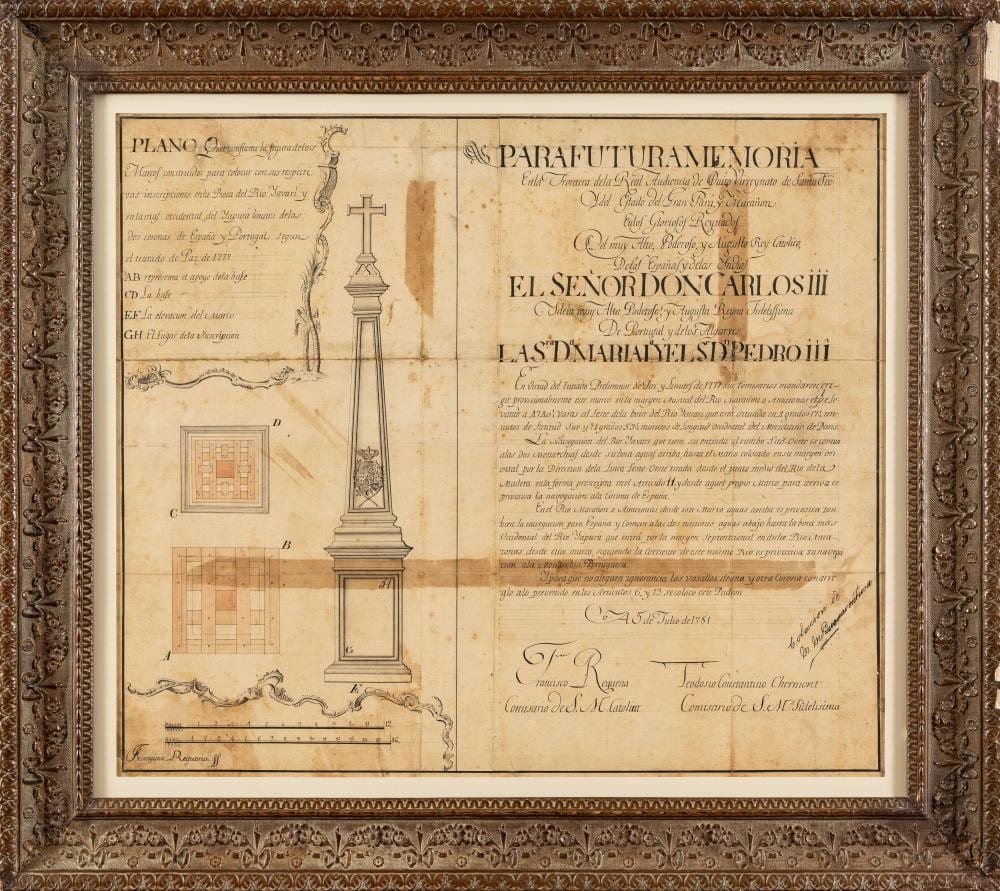 [Mapa manuscrito] Memorial y plano de monumento dedicado a Carlos III de España y a María I y Pedro III de Portugal, en el marco de la demarcación de límites en el río Yavarí comparable sale