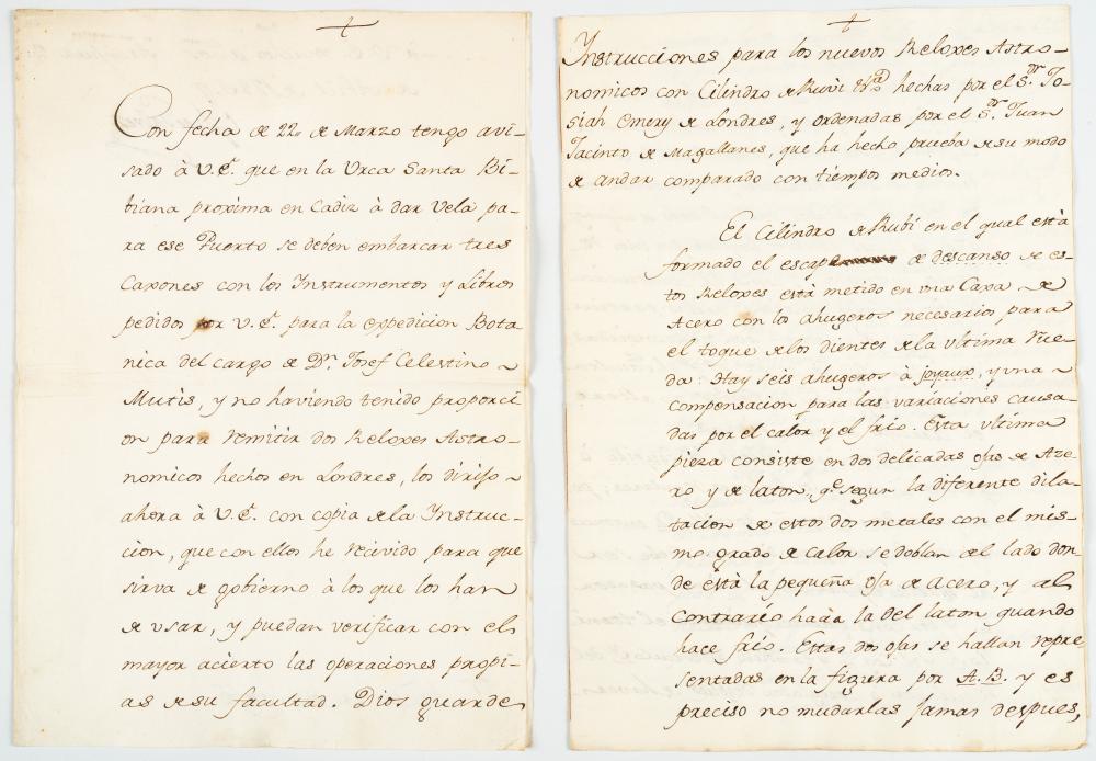 Manuscrito sobre el envío de instrumentos, libros y relojes para la Expedición Botánica por Juan Gálvez comparable sale