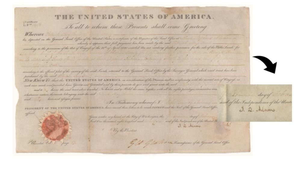 John Quincy Adams comparable auction result: john quincy adams 1826 land deed