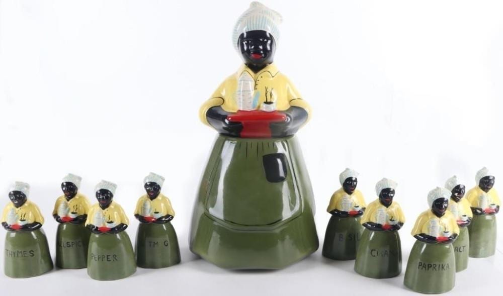 ANTIQUE LUZIANNE MAMMY COOKIE JAR & SPICE SET sold by Florida Estate Sales Inc., lot 218465 — auction record photograph