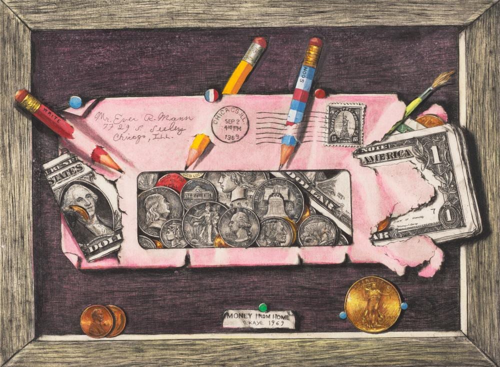 Otis Kaye comparable auction result: otis kaye 1885 1974 money from home gouache and watercolor over etching