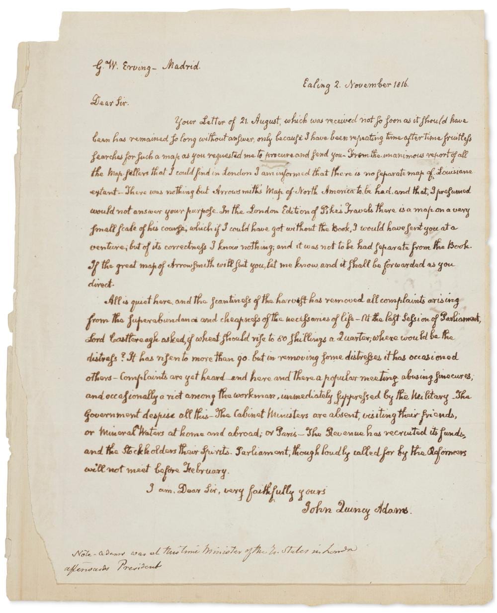 John Quincy Adams comparable auction result: john quincy adams 1767 1848 autograph letter signed 2 november 1816