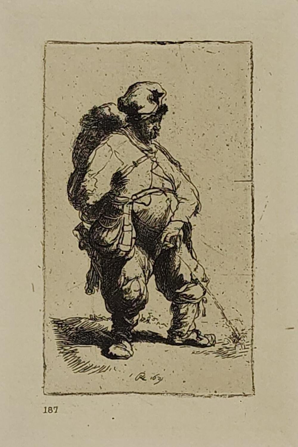 Etching print showing a kneeling man in historical clothing holding an object, facing left, with an oval headpiece-like form above his head.
