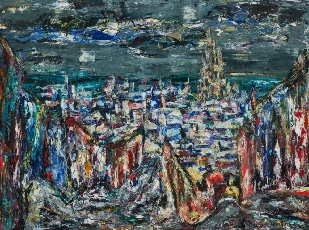 Harry S. Mintz comparable auction result: large abstract cityscape painting by harry mintz