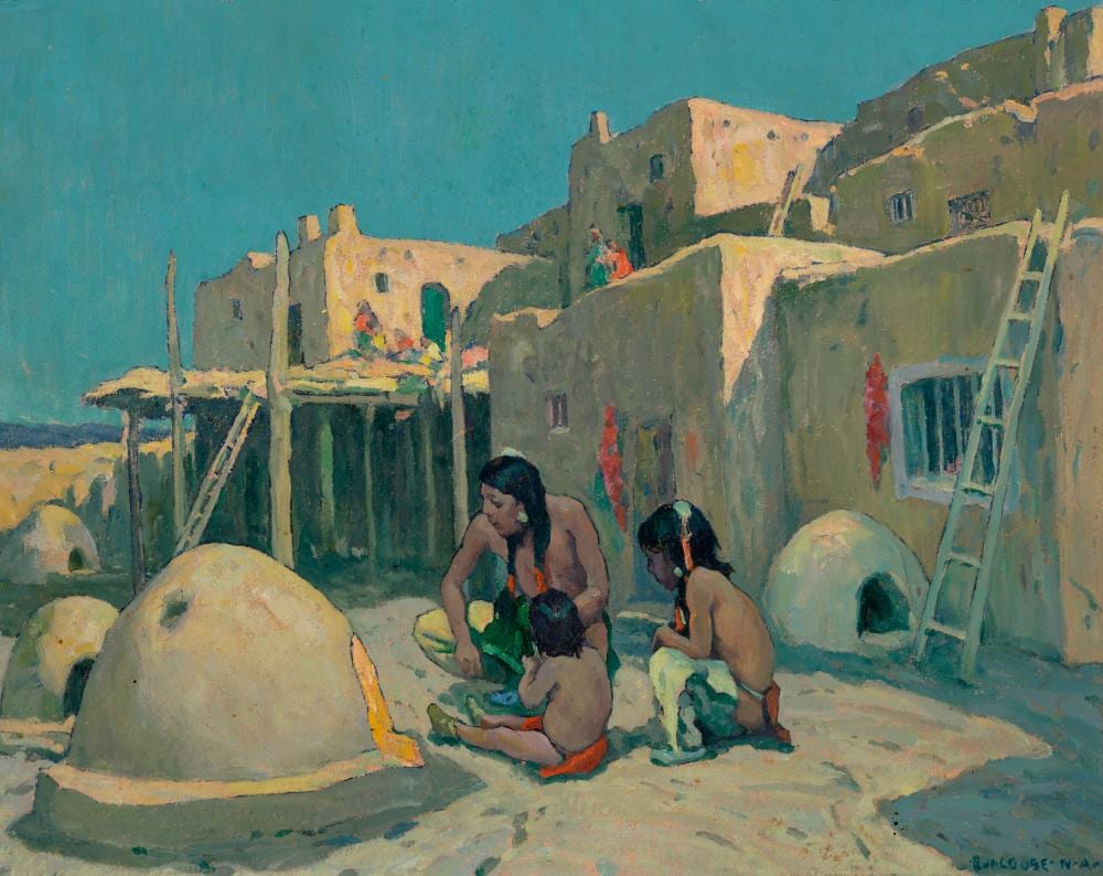 Eanger Irving Couse comparable auction result: eanger irving couse 1866 1936 taos pueblo family bakers oil on board16