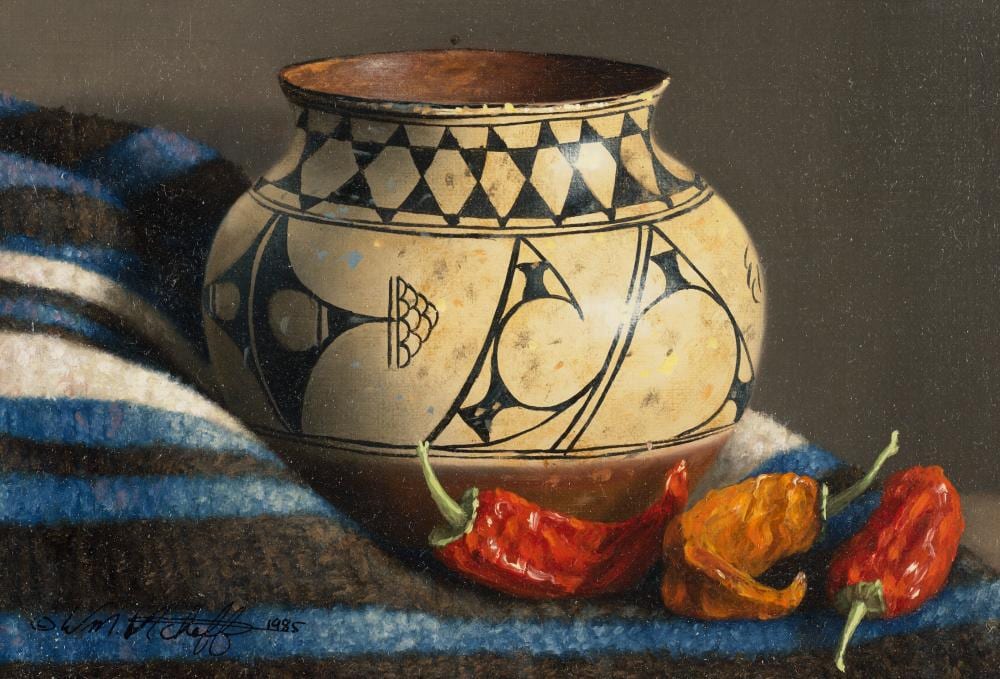 William Acheff comparable auction result: william acheff b 1947 san ildefonso jar oil on canvasboard5 x 8 in