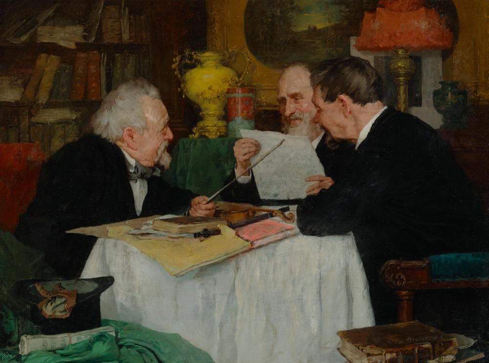 Louis Charles Moeller comparable auction result: louis charles moeller 1855 1930 gentlemen discussing music oil on canva