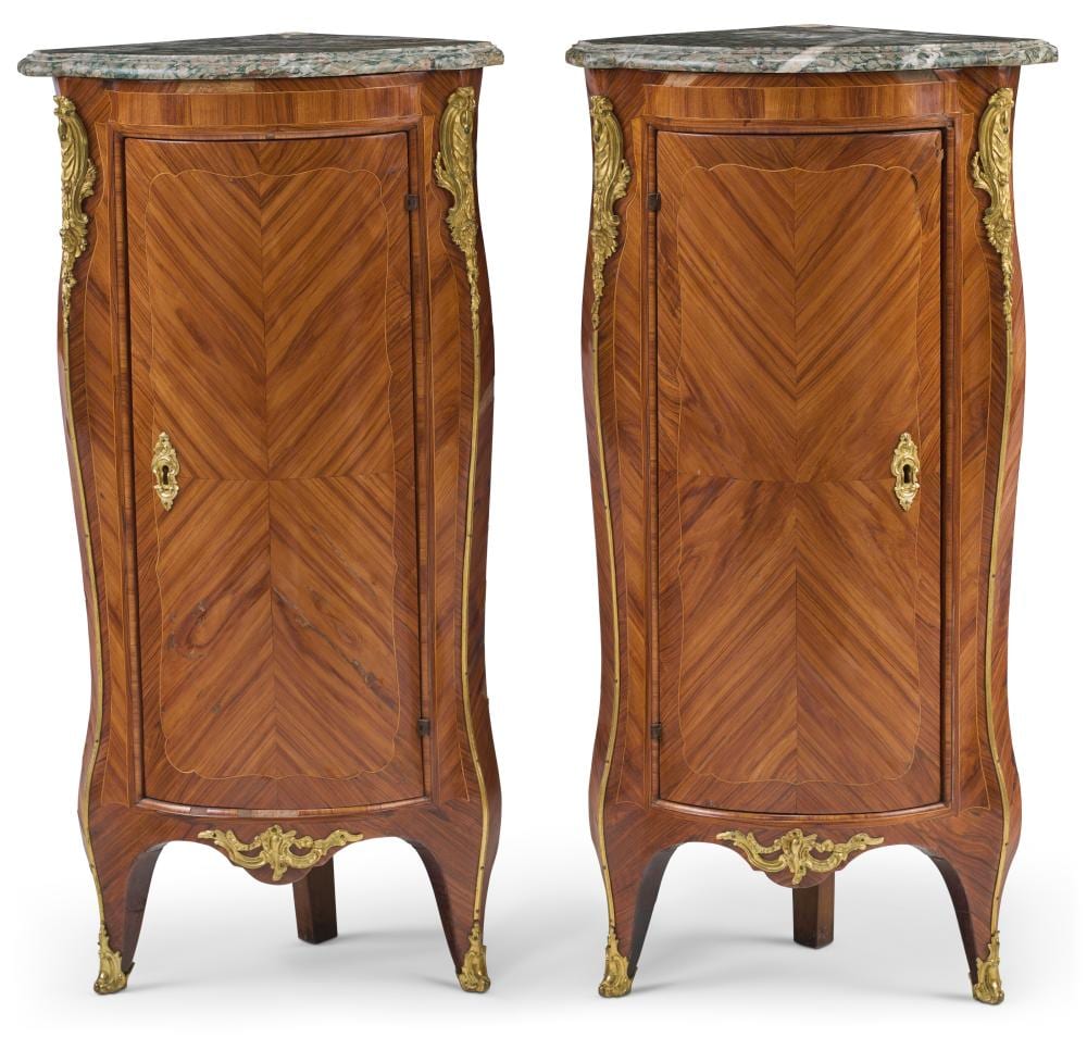 Adol'f Iosifovic Charlemagne comparable auction result: a pair of louis xv ormolu mounted tulipwood and kingwood encoignures by ad