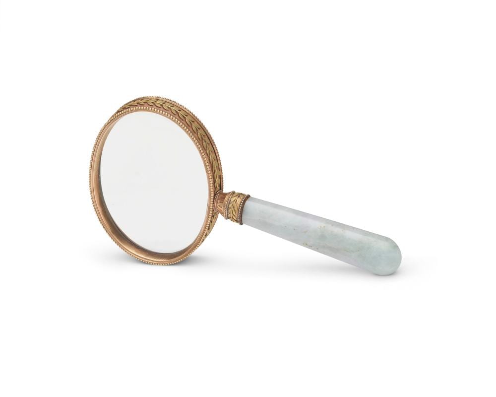 Frans Xaver Hendrik Verbeeck comparable auction result: a two color gold mounted guilloch enamel and quartz magnifying glass by f