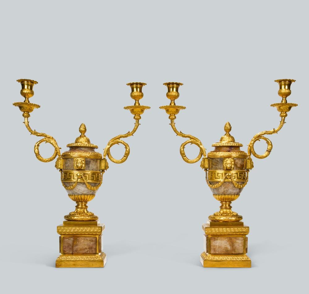 Mathieu Ignace van Bree comparable auction result: a pair of george iii ormolu and blue john two light vase candelabra by mat