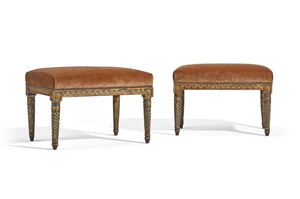 Diederick During comparable auction result: a pair of directoire grey painted and parcel gilt wanut tabourets by georg