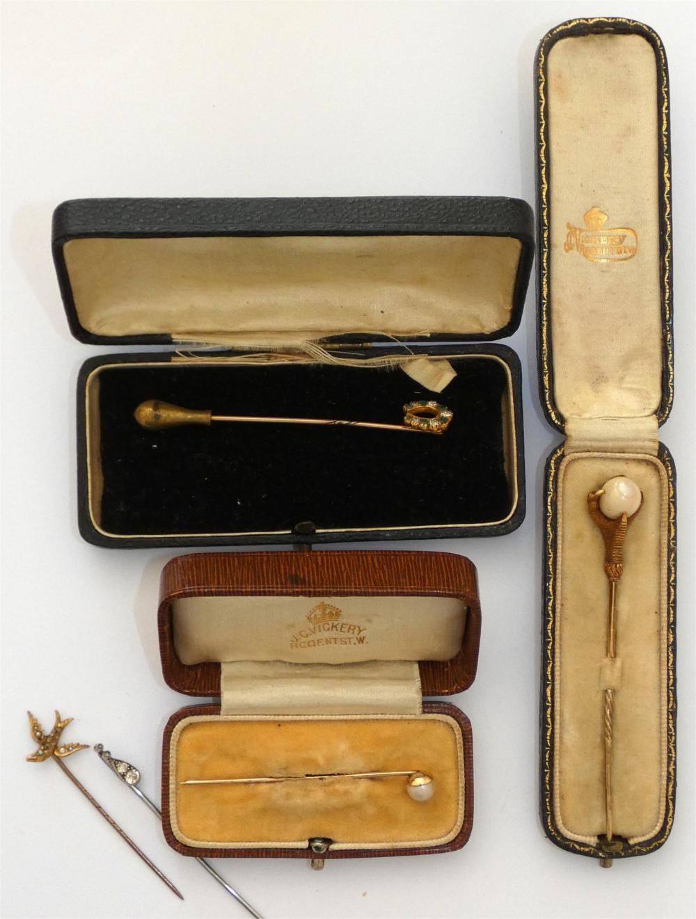 Five Top Level Antique Gold Tiepins - 3 Boxed sold by Danielle Elizabeth Antique & Estate Auctioneers, lot 339 — auction record photograph
