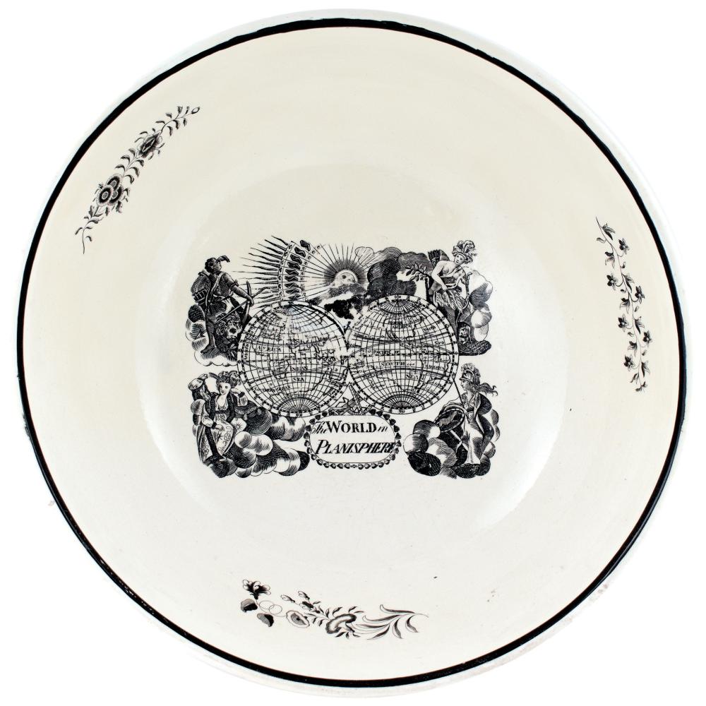 c. 1780-1800 Historical Liverpool Creamware Bowl, with MAP of the WORLD in black Transfer titled, The WORLD in PLANISPHERE, 13.5 in diameter by 5 inches high, Extremely Fine. sold by Early American History Auctions, lot 182 — auction record photograph