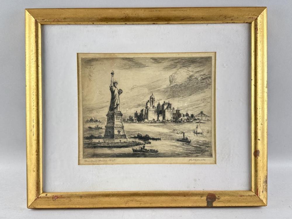 Nat Lowell comparable auction result: nat lowell new york 1880 1956 new york harbor etching on paper 10 25 x 13 sight framed 19 x 23