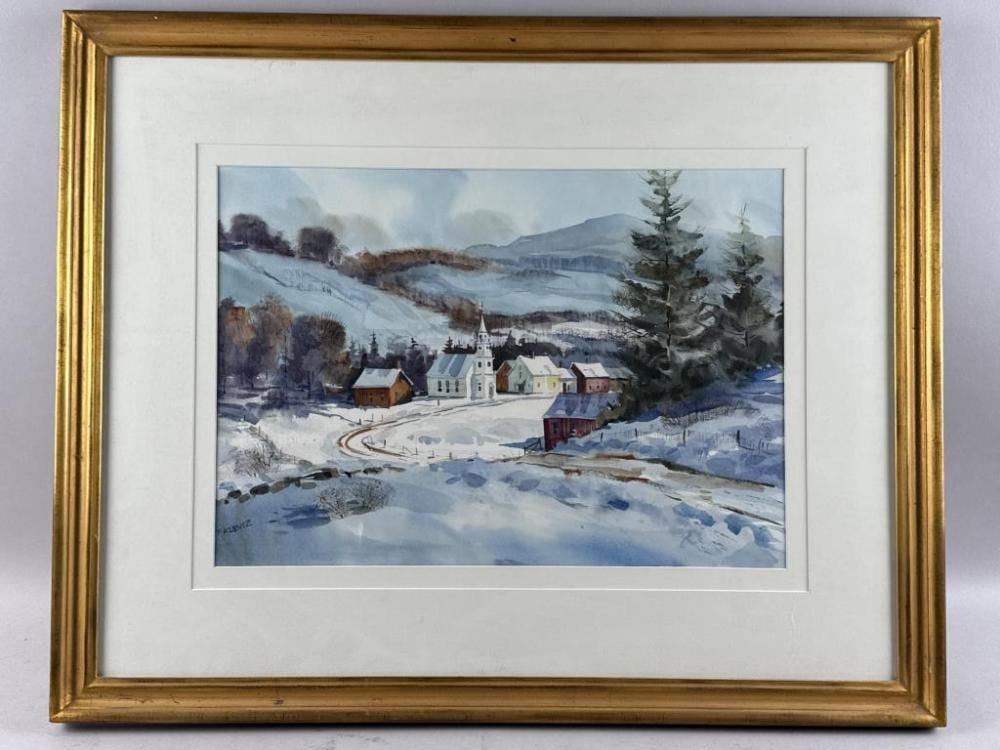 frederick kubitz massachusetts 20th 21st century snow covered new england village watercolor on paper 14 x 20 sight framed 25 x 30 5 · Sandwich Auction House · 2026-01-21 Frederick Kubitz comparable auction result: frederick kubitz massachusetts 20th 21st century snow covered new england village watercolor on paper 14 x 20 sight framed 25 x 30 5