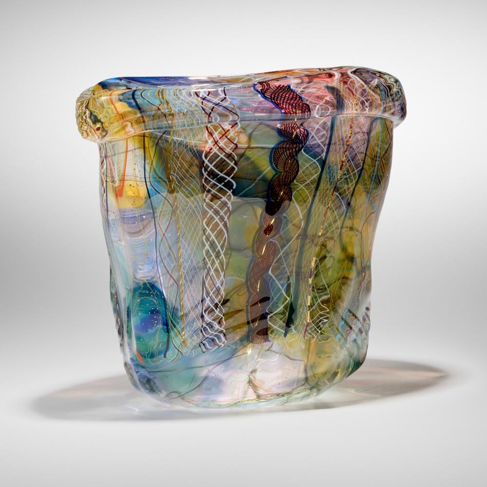 fritz dreisbach crystal mongo d oro bowl with multihue latticinio · Rago Arts and Auction Center · 2026-01-16 Fritz Dreisbach comparable auction result: fritz dreisbach crystal mongo d oro bowl with multihue latticinio