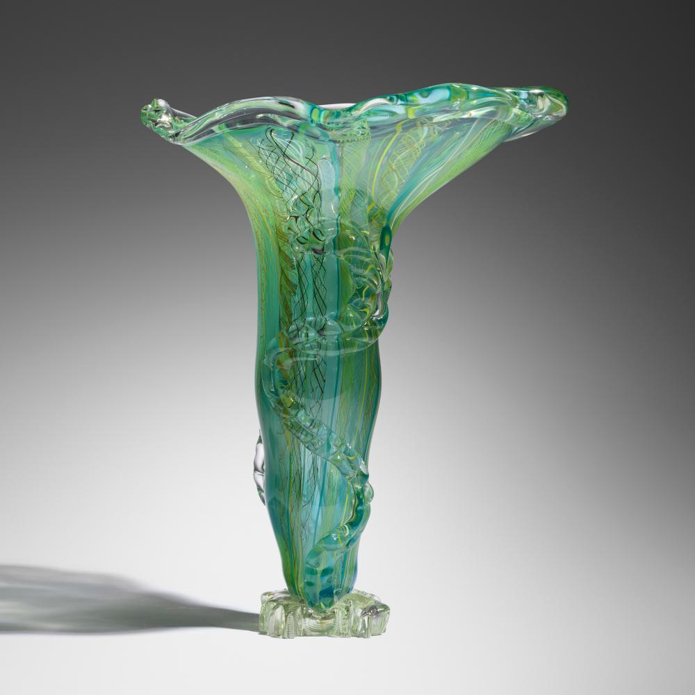 fritz dreisbach vibrant verdant trumpet mongo with twin ferns and cast base · Rago Arts and Auction Center · 2026-01-16 Fritz Dreisbach comparable auction result: fritz dreisbach vibrant verdant trumpet mongo with twin ferns and cast base