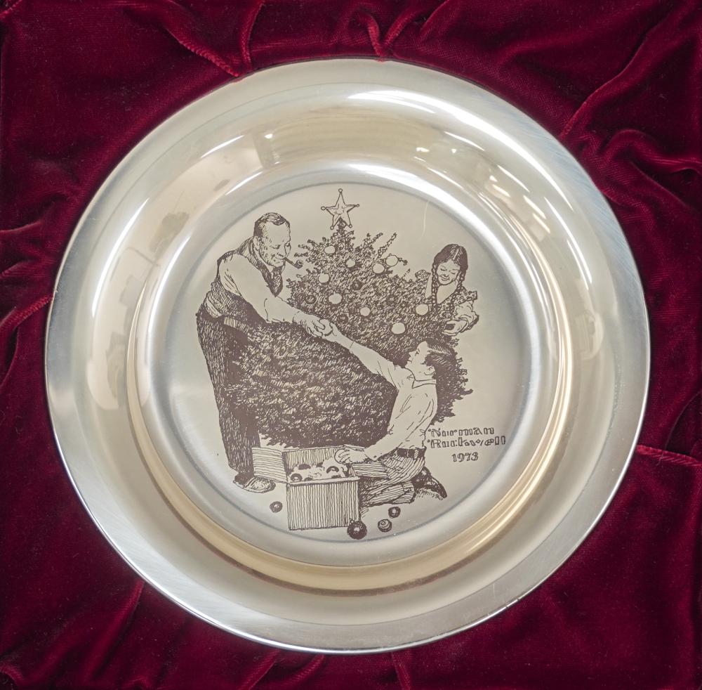 Auction comp thumbnail for Franklin Mint Sterling Silver Norman Rockwell Christmas Plate, 5.5 ozt; Diameter of Plate: 8 in. (20.3 cm.) (Weschler's, Lot 148)