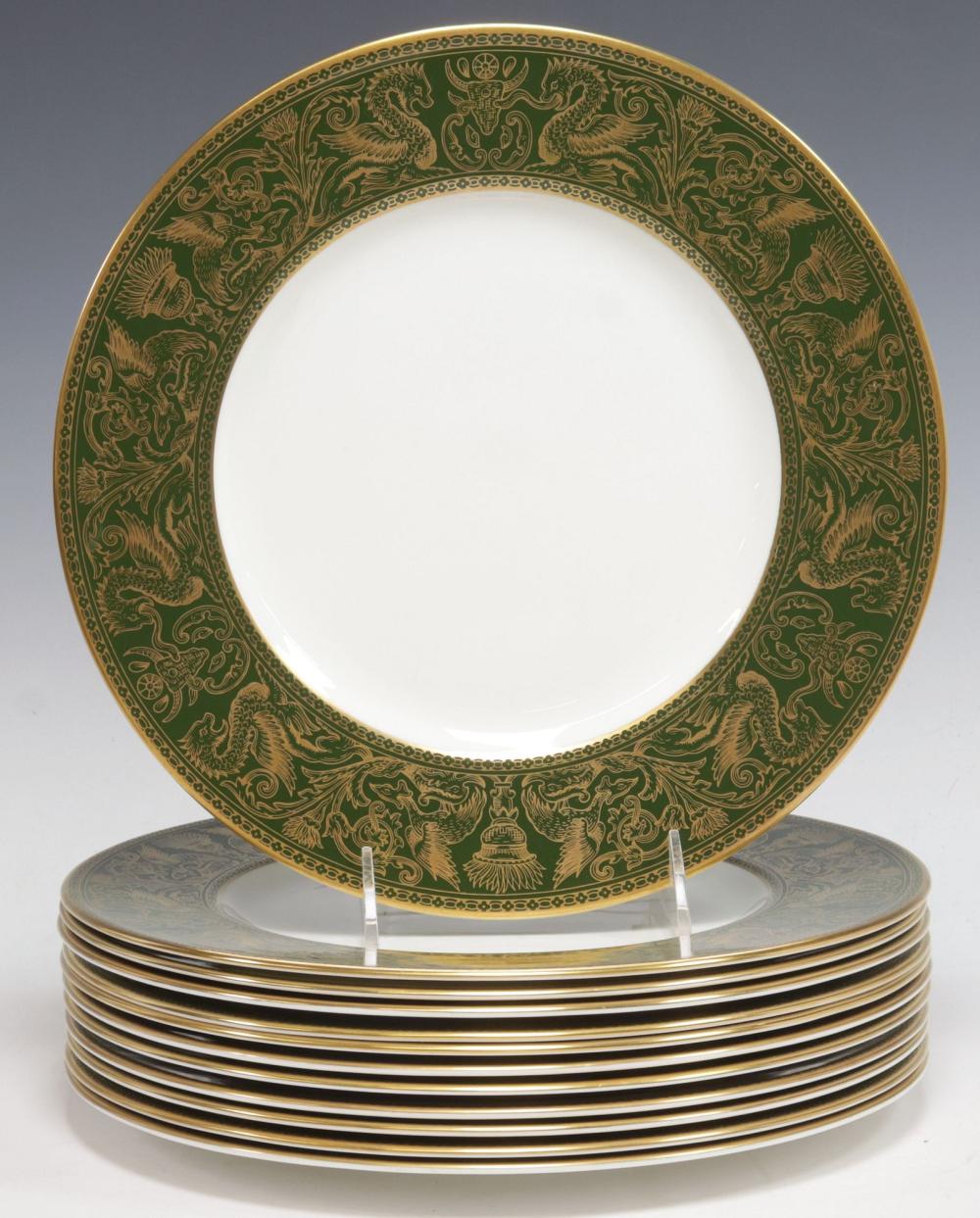 (12) ENGLISH WEDGWOOD 'FLORENTINE' DARK GREEN DINNER SERVICE PLATES sold by Austin Auction Gallery, lot 1094 — auction record photograph
