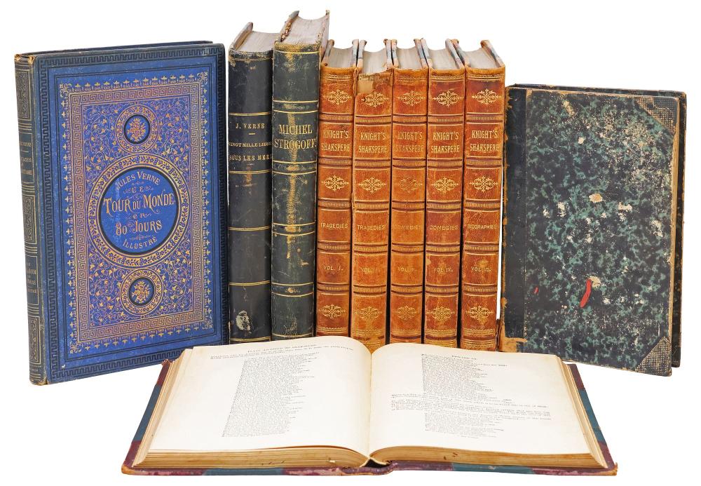(10) ANTIQUE LEATHER-BOUND LIBRARY SHELF BOOKS, SHAKESPEARE & JULES VERNE sold by Austin Auction Gallery, lot 1493 — auction record photograph