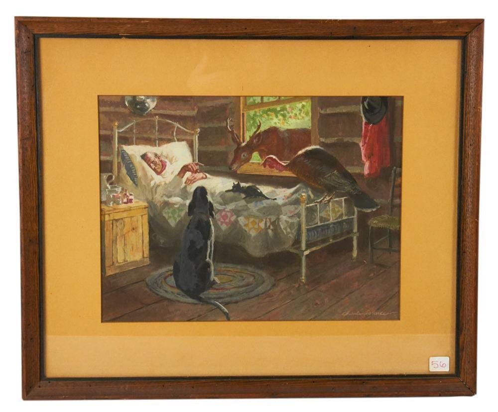 Charles Lasalle comparable auction result: charles lasalle man with cat dog turkey watercolor