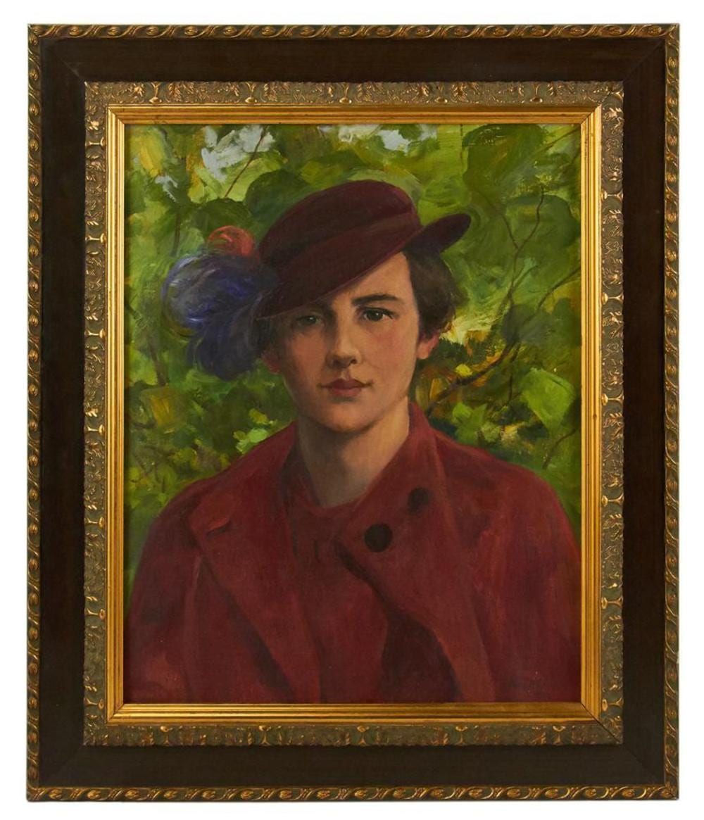 Charles Gruppe comparable auction result: charles gruppe portrait of woman with red coat