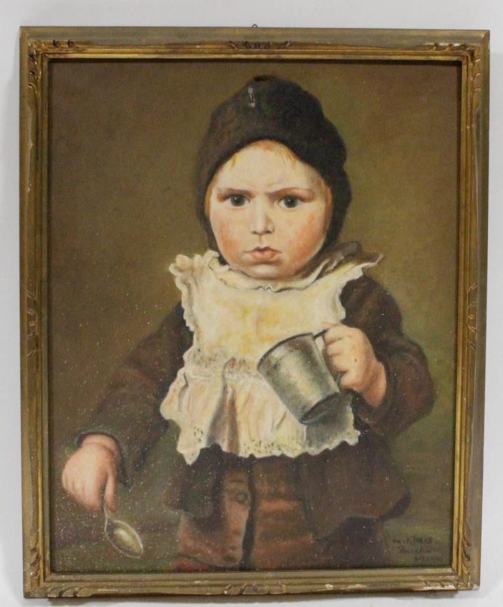Ludwig Knaus comparable auction result: ludwig knaus portrait of child with mug oil on canvas