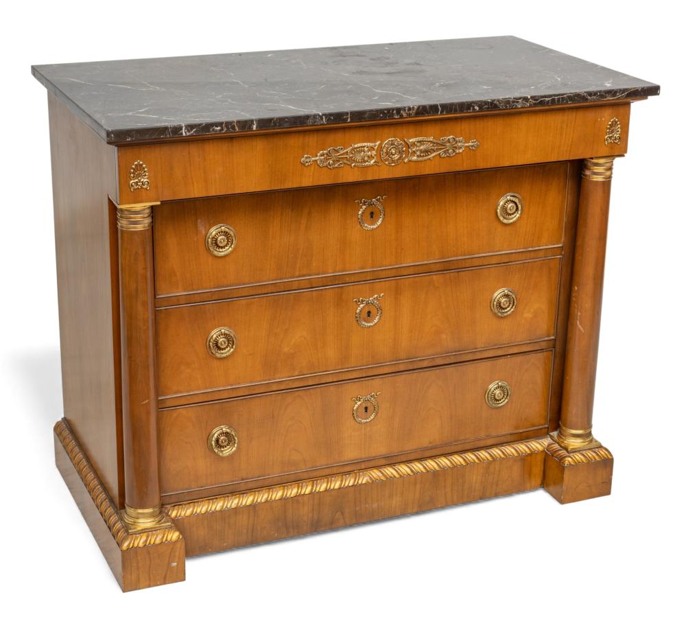 Baker Furniture (American) French Empire-Style Mahogany Marble-Top Chest of Drawers 1960, H 34" W 41" Depth 21.75" sold by DuMouchelles, lot 53 — auction record photograph