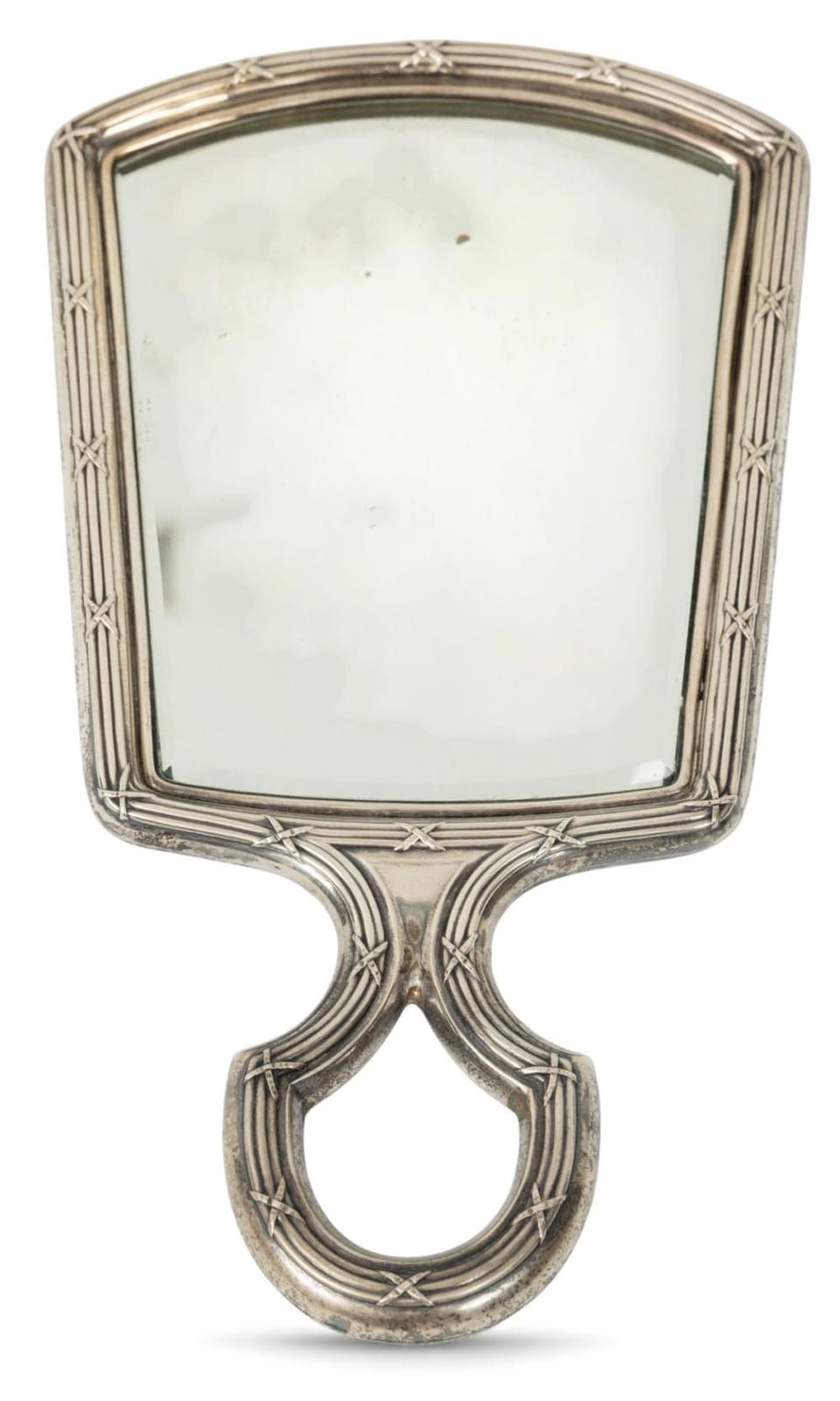 Sterling silver hand mirror with an arched beveled frame and decorative geometric bands, shown front view.