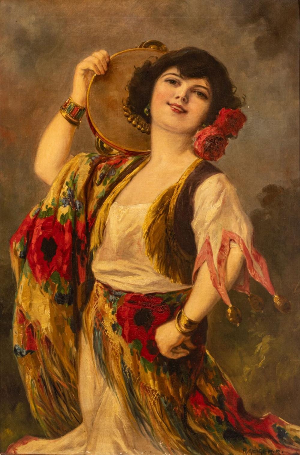 Richard Geiger comparable auction result: richard geiger austrian 1870 1945 oil on canvas ca 1900 1910 gypsy dancer with tambourine h 34 25 w 22 frame size h 45 w 34