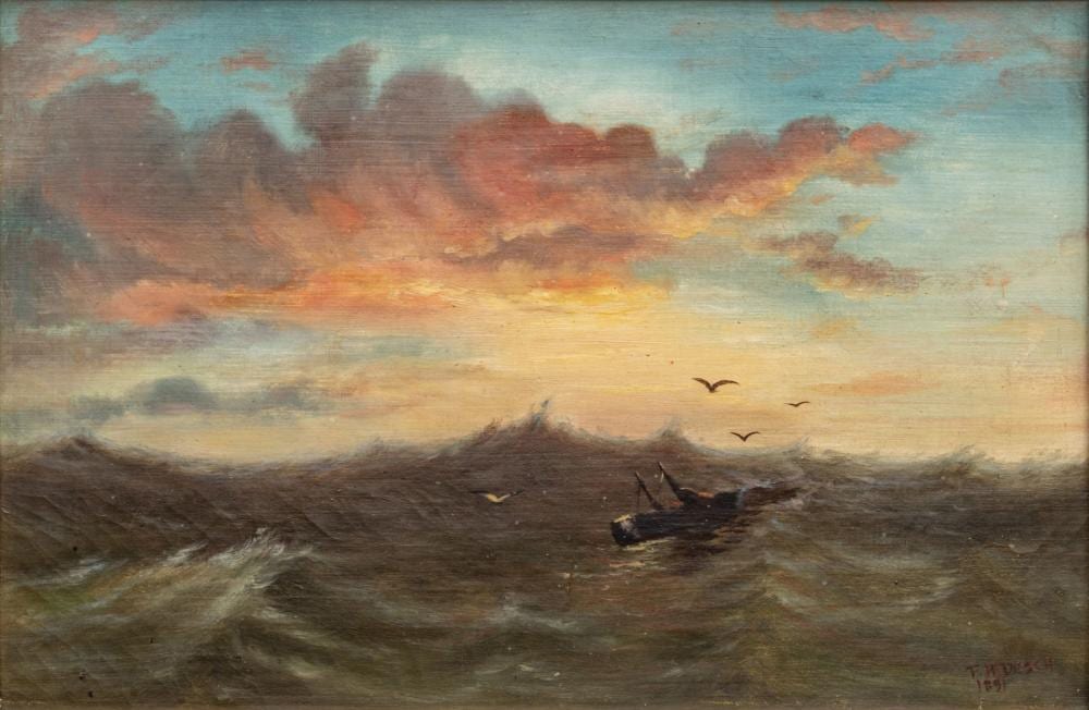 frank h desch american 1873 1934 oil on canvas 1891 ship in a rough sea h 12 w 18 frame size h 20 w 26 · DuMouchelles · 2026-01-23 Frank H. Desch comparable auction result: frank h desch american 1873 1934 oil on canvas 1891 ship in a rough sea h 12 w 18 frame size h 20 w 26