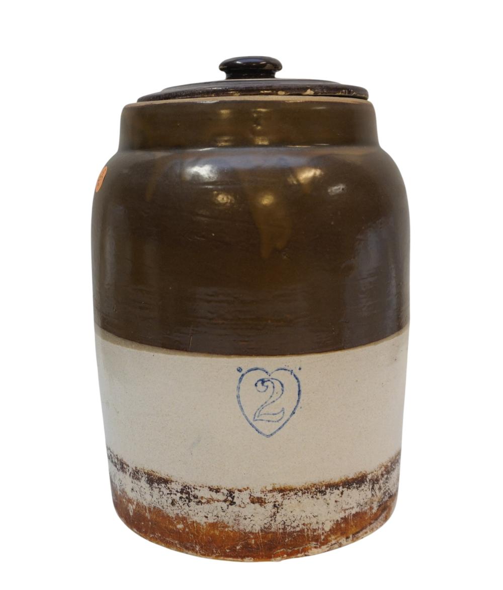 ANTIQUE 2 GALLON SALT GLAZED CROCK sold by Charleston Estate Services Auctions & Appraisals, lot 56 — auction record photograph