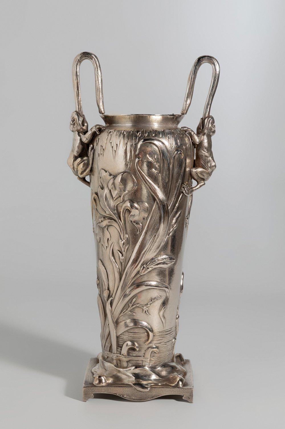 Auguste de Wever comparable auction result: auguste de wever belgium 1836 1910 vase with handles 1902 silver plated metal signed on the side of the base weight 4 800 g