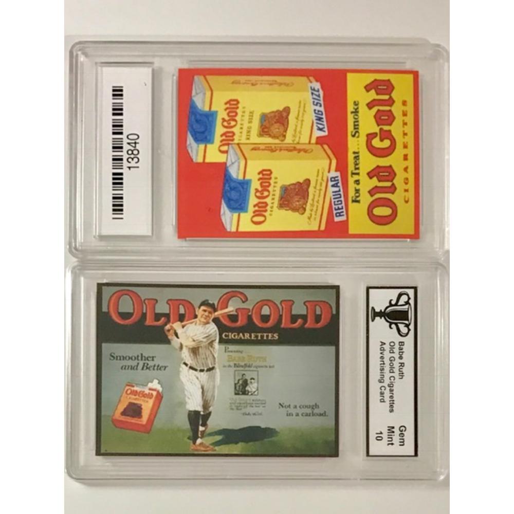 Top and bottom views of a sealed collectible tobacco advertisement card showing Old Gold cigarettes and a Babe Ruth–like figure, with gum packaging graphics.