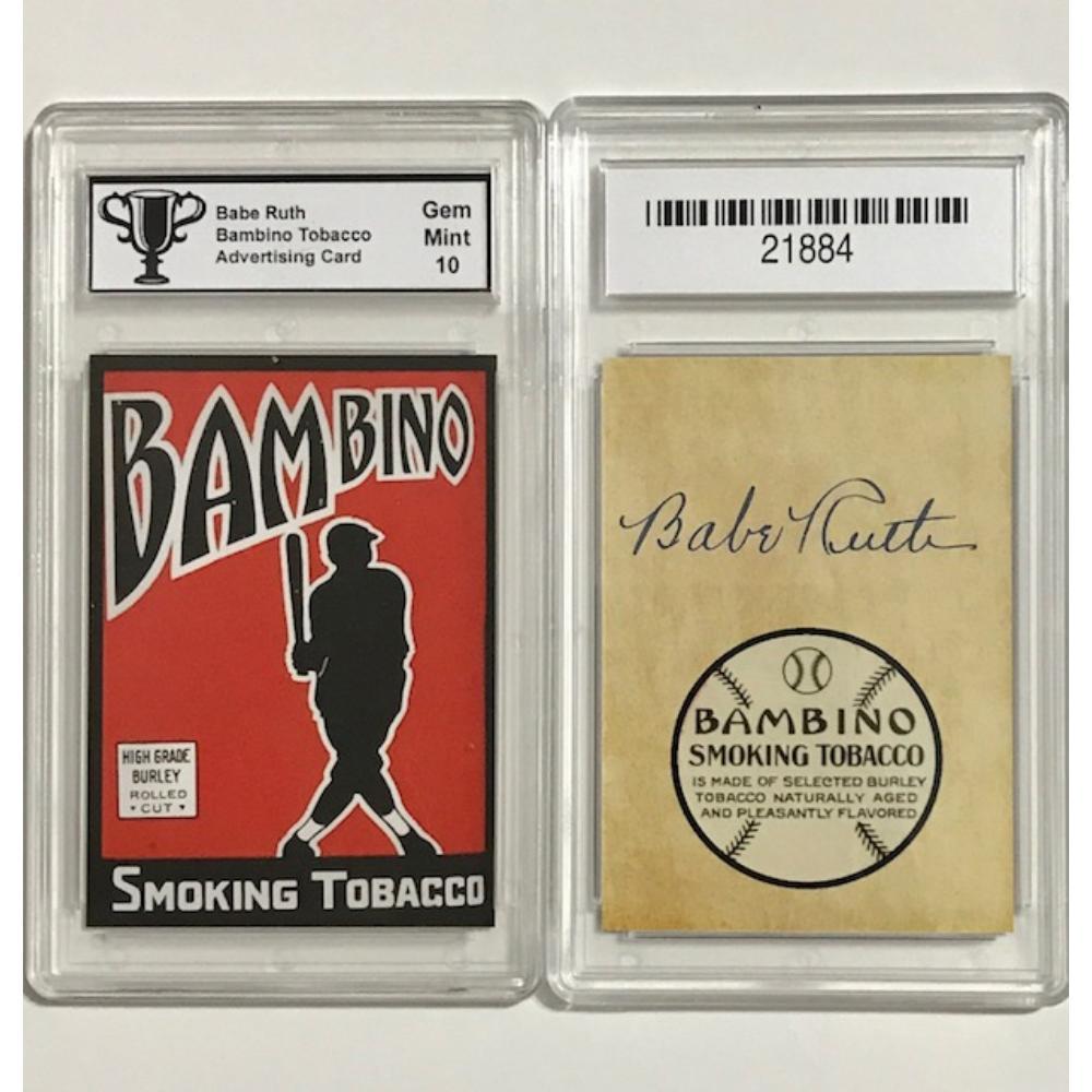 Two baseball card holders showing a vintage Babe Ruth Bambino tobacco advertising card on the left and a signed paper on the right.