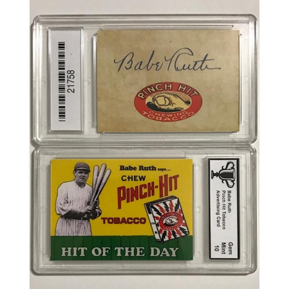 Back and front of a baseball trading card in a clear plastic holder, with text “CHEW PINCH-HIT” and “HIT OF THE DAY.”