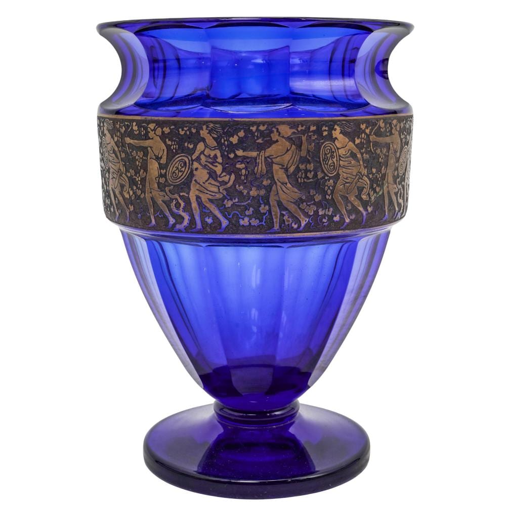 Blue glass vase with a cobalt-colored body, decorative gilt-like band, and an all-over dancing figure pattern.