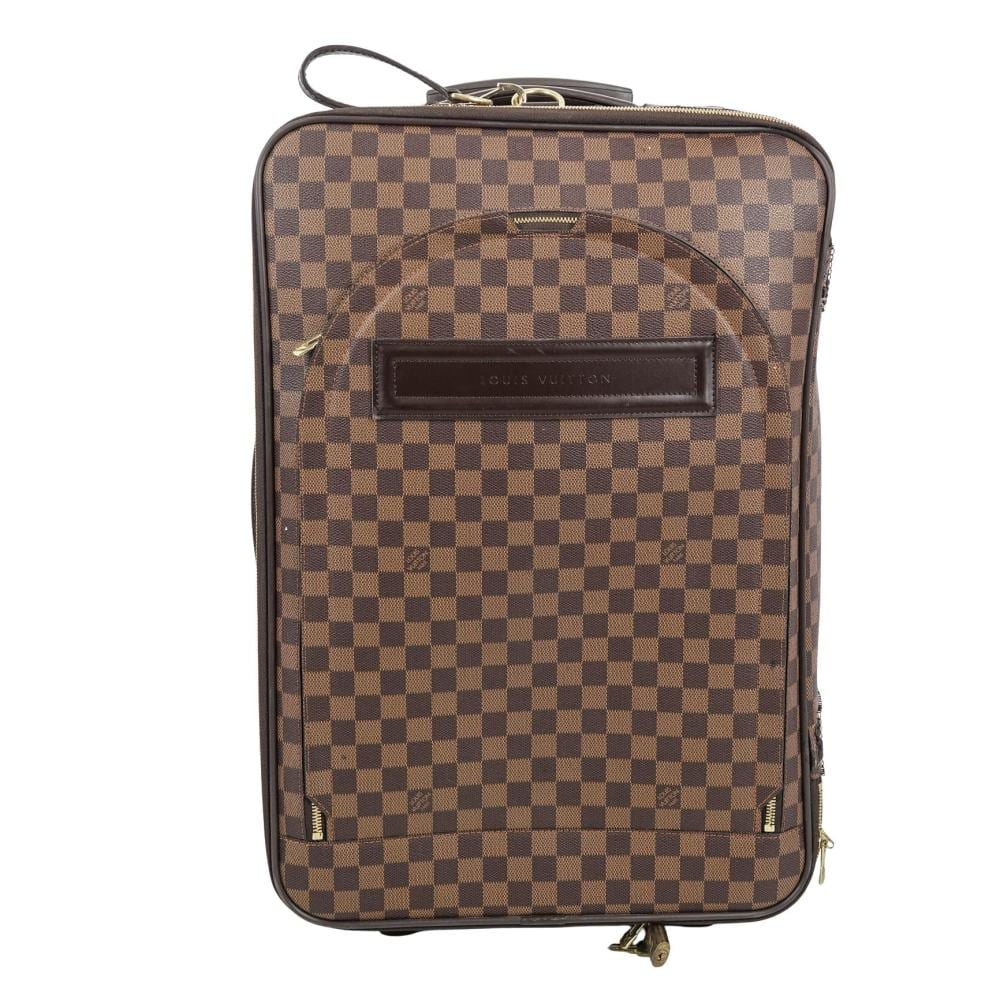 Brown checkered leather suitcase with a top handle, front logo plaque, and zipper closure.