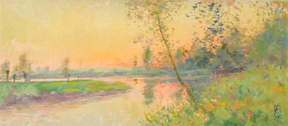 Edmond Verstraeten comparable auction result: edmond verstraeten 1870 1956 river landscape with a setting summer sun oil on canvas